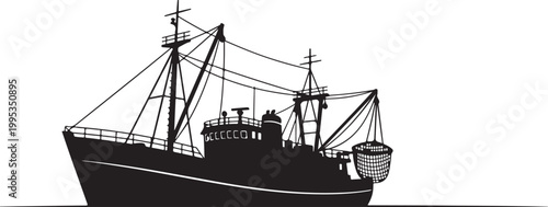Fishing boat, silhouette, black vector, nautical icon, maritime symbol