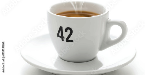 Steaming Coffee Cup with Number 42 on White Background