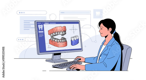 Dental technician designing 3D teeth model on computer