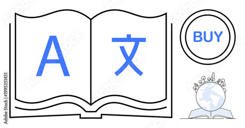 Language learning, cultural exchange, global education, online shopping, translation services, multilingual communication. Open book with A and symbol, buy button, globe with book and leaves