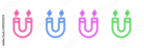 Neon glowing horseshoe magnet vector icons set, magnetism, attraction, physics, science, technology, energy, power, colorful abstract digital illustration on transparent background
