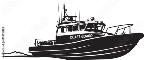 Coast Guard Boat, Navy Vessel, Black Vector Illustration, Emergency Response Ship