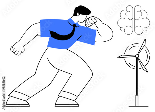 Renewable energy, sustainability, innovation, intellectual growth, clean power, potential energy. A person in motion beside a wind turbine and brain illustration. Renewable energy and innovation