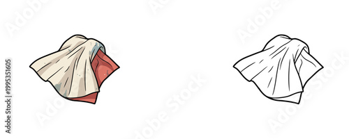 Dirty automotive shop rag illustrations in flat cream and black line style with grease stains represents cleaning cloth used for garage maintenance on white background