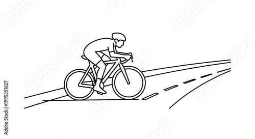 Minimalist vector illustration graphic design of a determined cyclist in aerodynamic pose on a road during a competitive race, showcasing athletic dedication and the sport of cycling in a clean, styli
