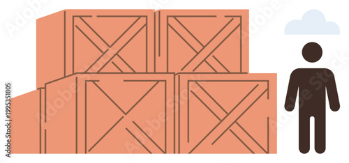 Supply chain, inventory management, cargo handling, warehouse organization, shipping logistics, transportation systems. Wooden crates stacked next to a person icon. Supply chain and inventory