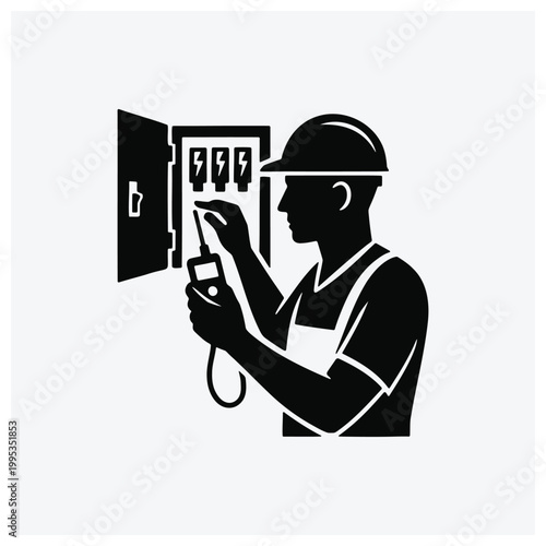Electrician testing circuit breaker with voltage tester