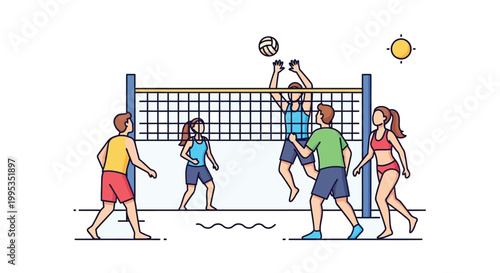 Dynamic vector illustration graphic design showcasing a group of diverse individuals actively engaged in a competitive beach volleyball game, with one player mid-air spiking the ball over the net unde