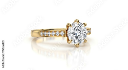 A gold ring with a large round diamond and smaller diamonds on the band