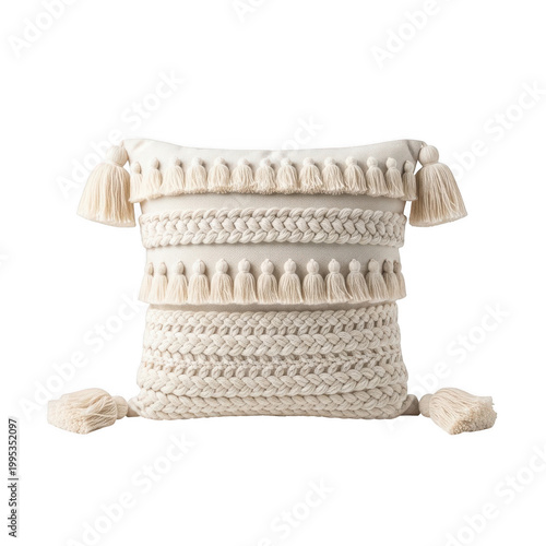 A stylish white woven pillow with tassels on transparent background