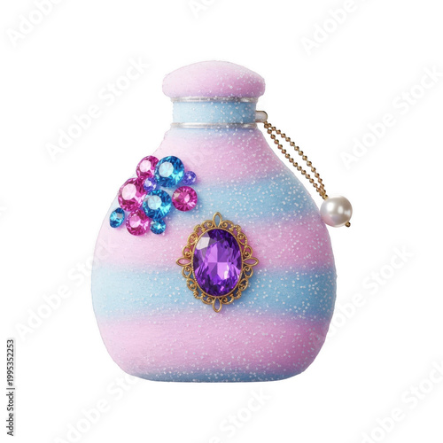 A sparkly perfume bottle with pink and blue stripes on transparent background
