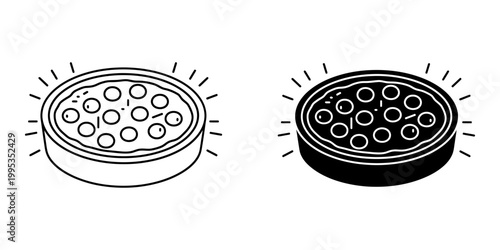 Hot freshly baked pie in pan with steam rays vector icon set for bakery advertising warm home cooking concepts cottagecore aesthetic designs restaurant branding and grandmother kitchen themes.