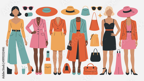 Women’s Fashion Vector Set Dresses, Shoes, Hats and Sunglasses Collection