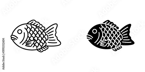 Taiyaki fish shaped cake icons set in thin outline and solid black silhouette style for japanese street food menu design web app interface flat vector illustration isolated on white background.