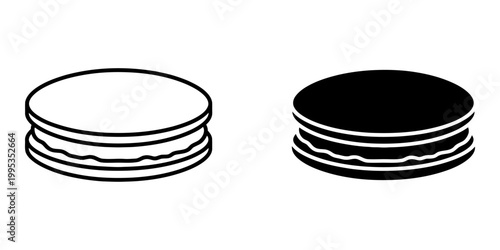 Ice cream sandwich cookie icons set in thin outline and solid silhouette style for dessert menu design bakery signage web application interface flat vector illustration on white background space.