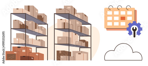 Inventory management, logistics, supply chain, warehouse storage, business planning, digital tools. Shelves with storage boxes, a calendar with a gear icon and a cloud symbol. Logistics