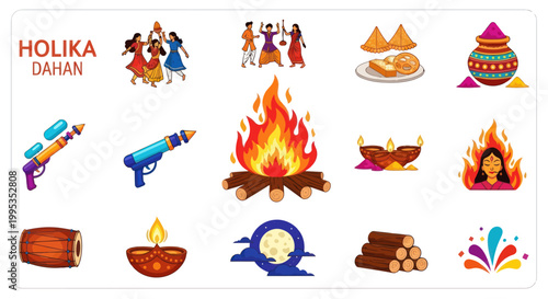 Holika Dahan Festival Collage: Fire, People Dancing, Food, Colors, Water Guns, Diyas