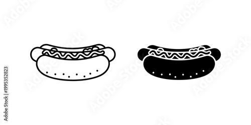 Minimalist hot dog with sauce and toppings icon set isolated on white background, black linear and silhouette design for fast food, snack.