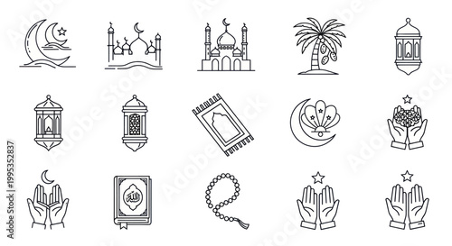 Islamic Icons Set: Ramadan, Eid, Mosque, Prayer, Moon, Lantern, Quran, Dates, Praying Hands