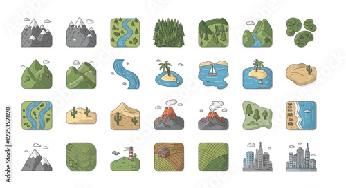 Pixel Art Landscape Icons: Mountains, Rivers, Islands, Volcanoes, Forests, Deserts, Cities