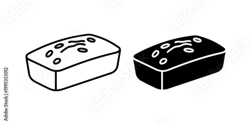 Banana bread loaf icon set featuring fruit cake with walnut toppings in outline and silhouette styles for healthy snack graphics bakery branding organic food marketing and cafe menu illustrations.