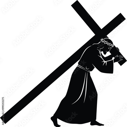Jesus Christ Carrying Cross on White Background Silhouette