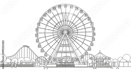 Amusement park illustration with ferris wheel roller coaster and carousel