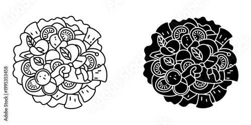 Caprese salad ingredients including tomatoes, mozzarella, basil, and olives in a detailed circular composition, vector outline and solid black versions available.