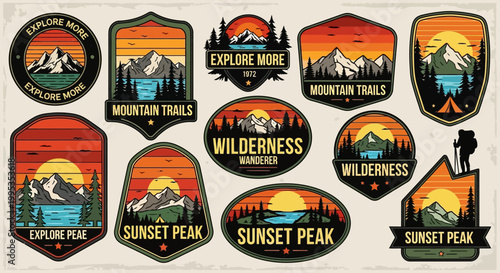 Collection of wilderness and mountain trail badges.