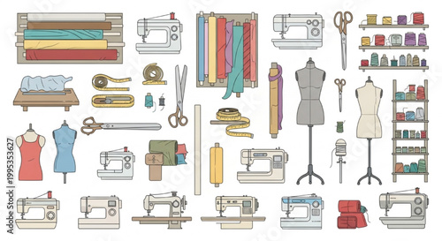 Top View Sewing Studio Vector Set with Sewing Machines Fabric Rolls Mannequins Scissors Tables and Shelves for Workshop Layouts
