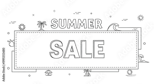 Summer sale vector graphic illustration featuring a clean outlined rectangular frame with stylized tropical icons like palm trees and bright suns for seasonal marketing promotions intended to attract 