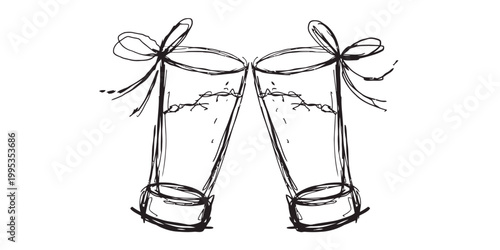 Two clinking champagne glasses with decorative bows rendered in a sketchy, imperfect, hand-drawn style for celebration or toast occasions.