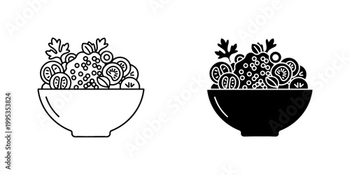Fresh salad with cherry tomatoes, parsley, and quinoa in a bowl vector line and glyph icon set, healthy eating, vegetarian food, superfood meal.