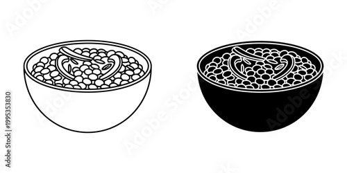 Lentil stew with herbs in a bowl vector line and glyph icon set, healthy vegetarian meal, protein rich food, plant based cuisine.