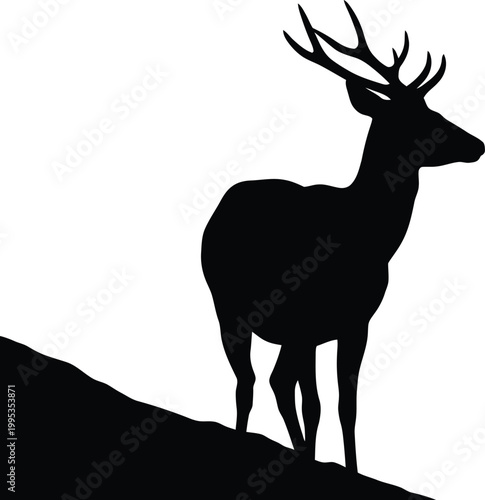 Deer Standing on Hill Silhouette Isolated on White
