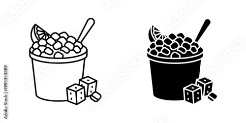 Mexican esquites corn snack in a cup with lime and cheese vector line and glyph icon set, street food, traditional mexican cuisine.