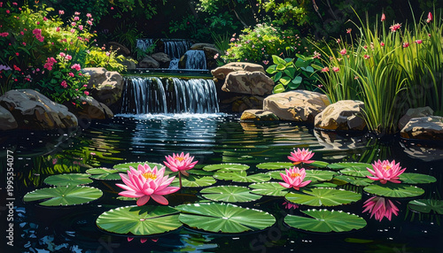 Tranquil Garden Pond with Cascading Waterfall and Pink Water Lilies.