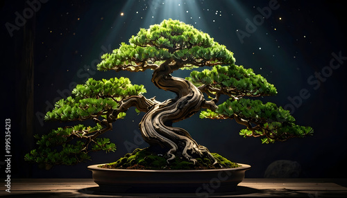 Exquisite Ancient Bonsai Tree Illuminated by Dramatic Spotlight.