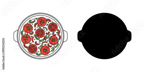 Top view of pan with sliced tomatoes and peppers vector illustration for culinary branding recipe book cover design or cooking class flyers showing fresh vegetables prepared for oven roasting.