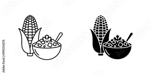 Corn cob and bowl of salad vector icons representing corn based dishes for healthy breakfast concepts or vegan snack recipes in line and silhouette styles for food packaging and menu decoration.