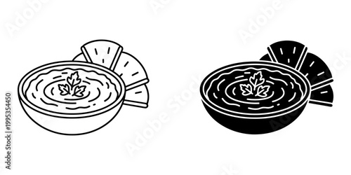 Line art and solid black silhouette of bowl of hummus with tortilla chips and parsley garnish, healthy dip vector illustration.