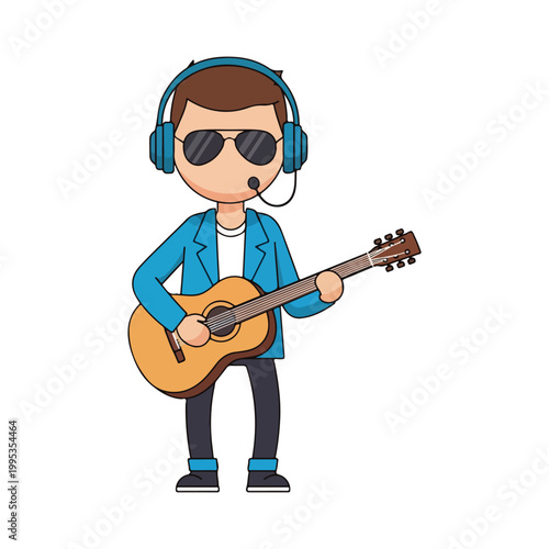Male Guitarist with Headphones and Sunglasses Playing Acoustic Guitar