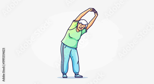 Elderly woman performing a side bend stretch as part of her morning exercise routine to maintain