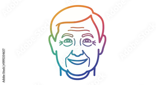 Joyful Senior Character Outline with Vibrant Rainbow Gradient Strokes on White Background