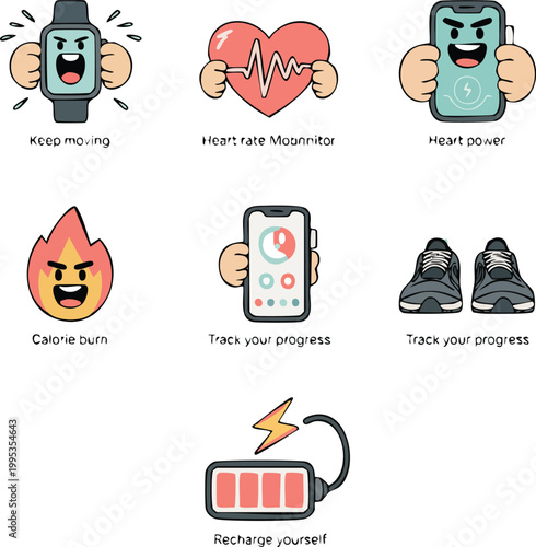 Cute fitness tracking icon set with smartwatch heart rate monitor smartphone calorie burn and progress tracking