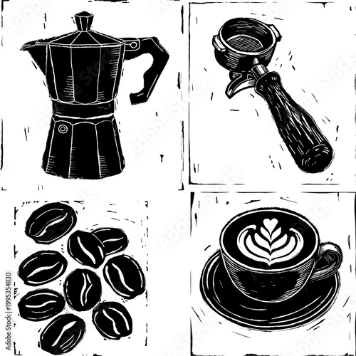 Foto Hand Drawn Linocut Rustic Coffee Clipart Set with Moka Pot and Latte Cup