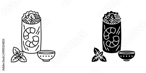 Summer roll icon line and glyph style, fresh vietnamese cuisine, healthy shrimp and vegetable wrap, rice paper salad roll, mint leaf garnish, delicious light meal vector.