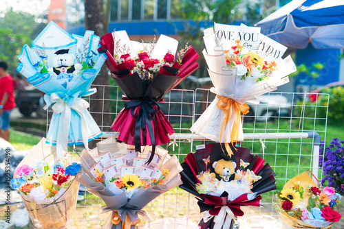 Colorful Flower Bouquets Display for Graduation Gifts with Copy Space