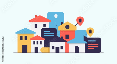 Colorful houses and buildings illustration.