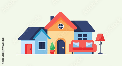 Colorful house with red couch outside.